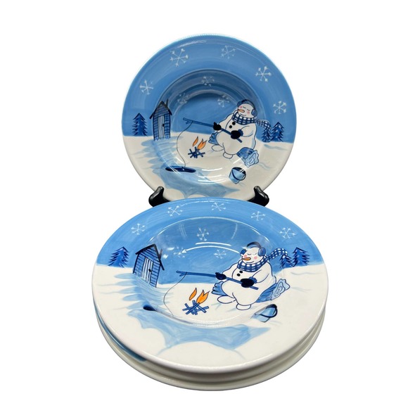 NorthCrest Home Set of 4 Soup/Salad Bowls Snowman Ice Fishing - Hand Painted - Picture 1 of 3